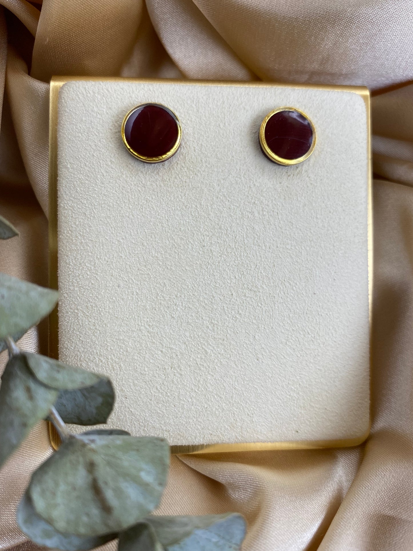 burgundy clay earrings, front angle